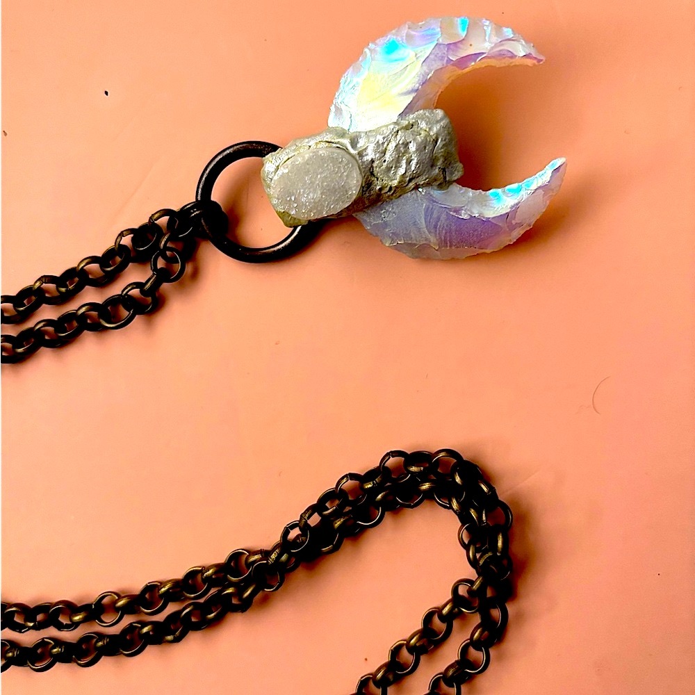 Iridescent Aura Quartz Crescent Moon Pendant Necklace